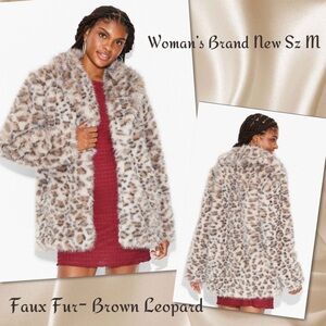 Wild Fable Women’s Faux Fur Brown Leopard Coat 2 Pocket Eye Hook Closure Sz M